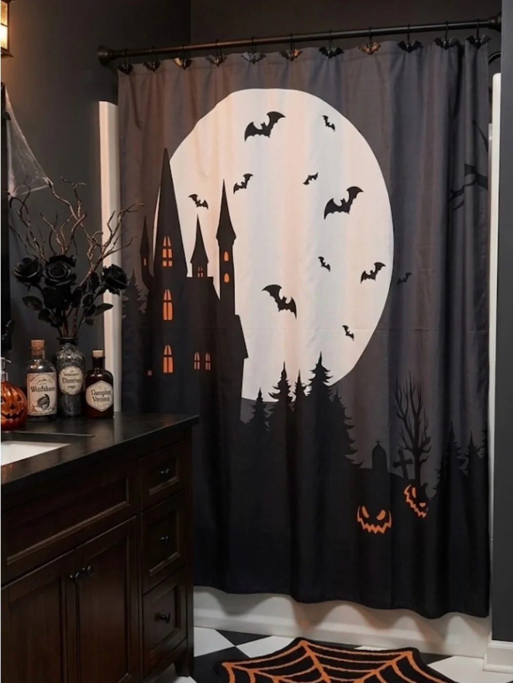 Halloween Haunted Castle Shower Curtain - Black & White